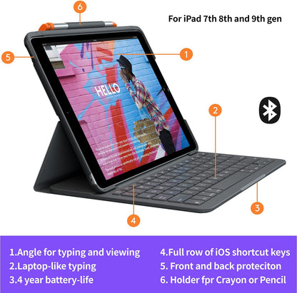 Logitech IPad (7th, 8th and 9th Generation) Keyboard Case Slim Folio (Graphite) Used Like New